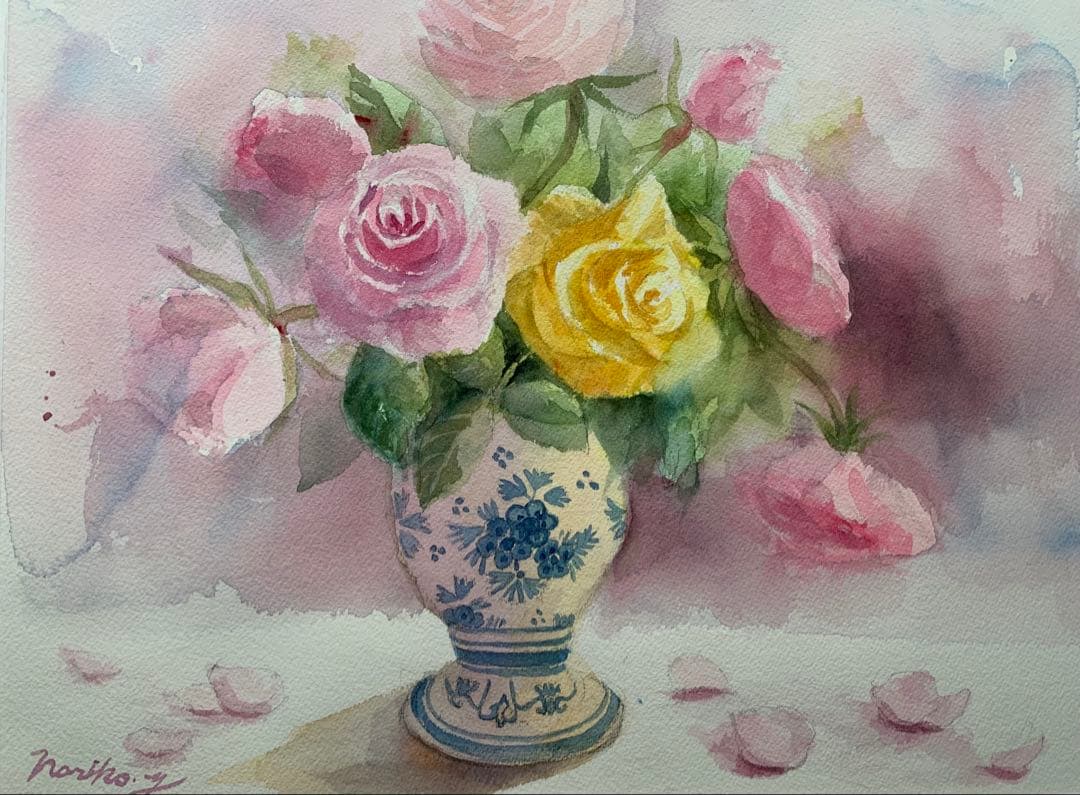 透明水彩画原画美しい薔薇とデルフト焼きの花瓶①