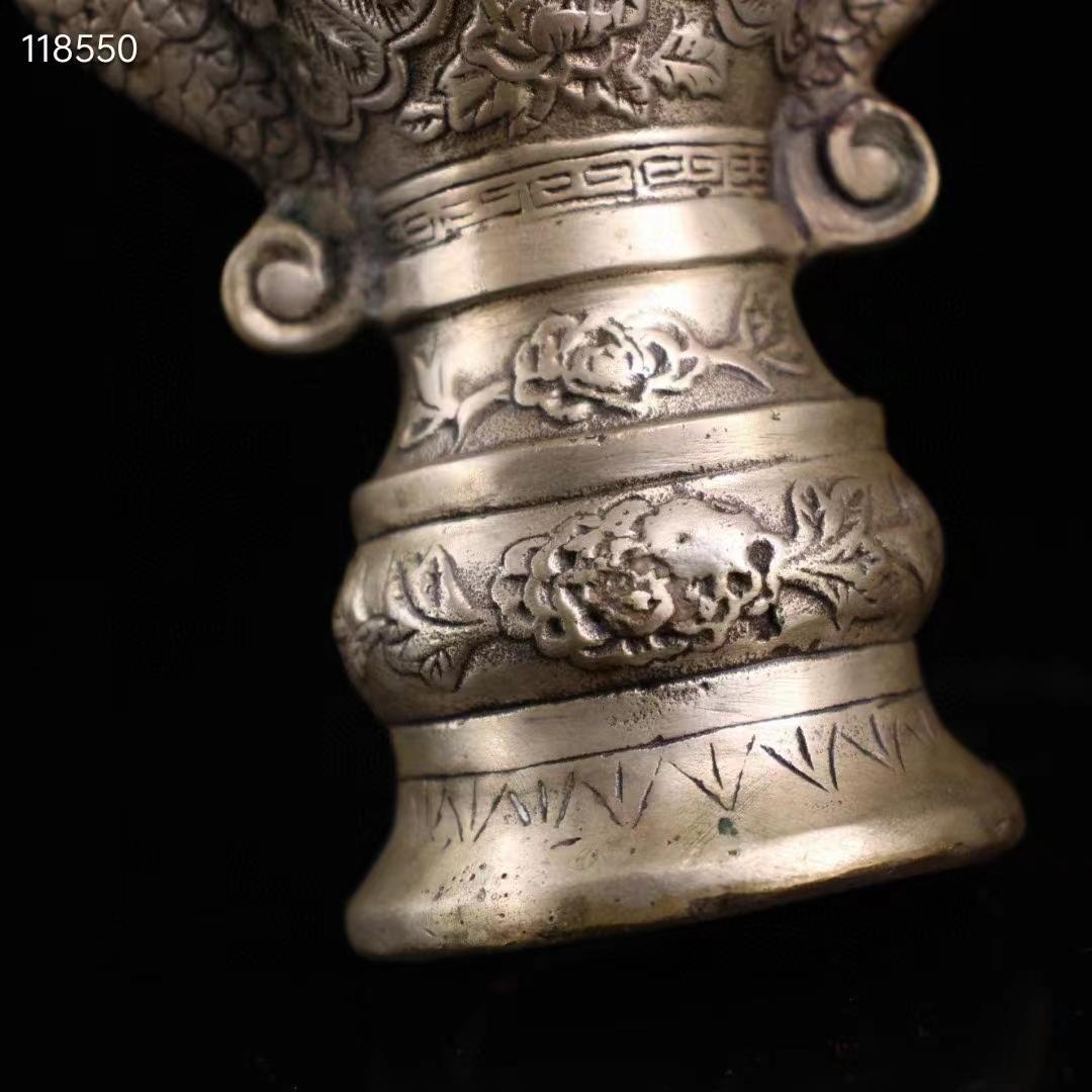 中国古美術・旧蔵・純銅鎏銀鳳凰の花瓶・極細工・置物・純手彫り・文房具・賞物