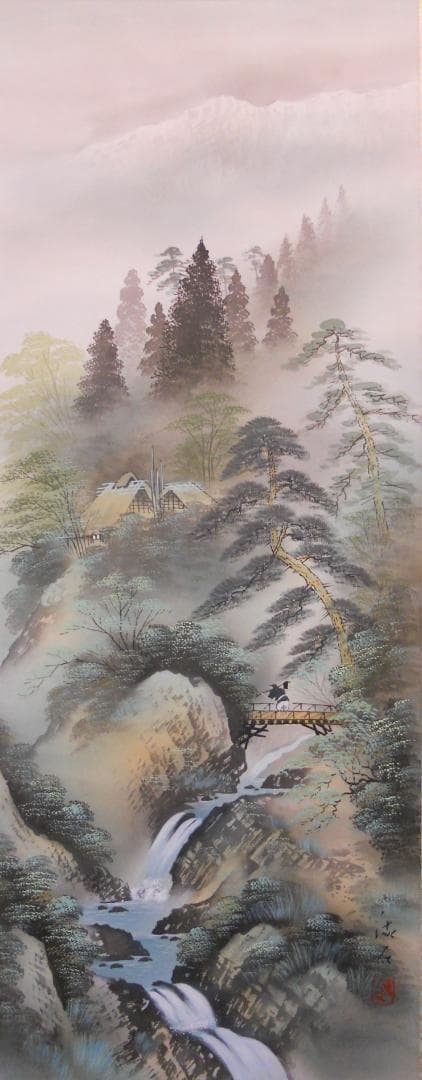 掛け軸 流石 彩色山水 絹本 希少 軸装 茶道具 掛軸 美品 です。