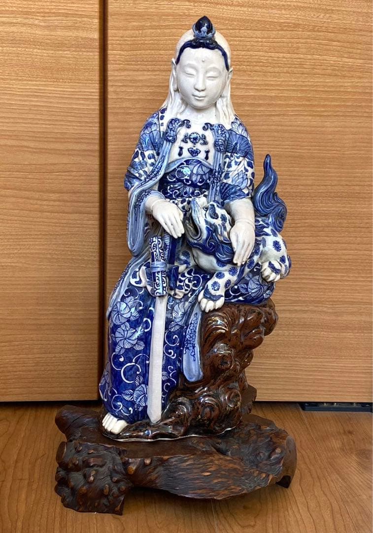 中国美術 職人手作リ陶製青茶獅子觀音像緣起物 榴木台付 高47cm X 23cm