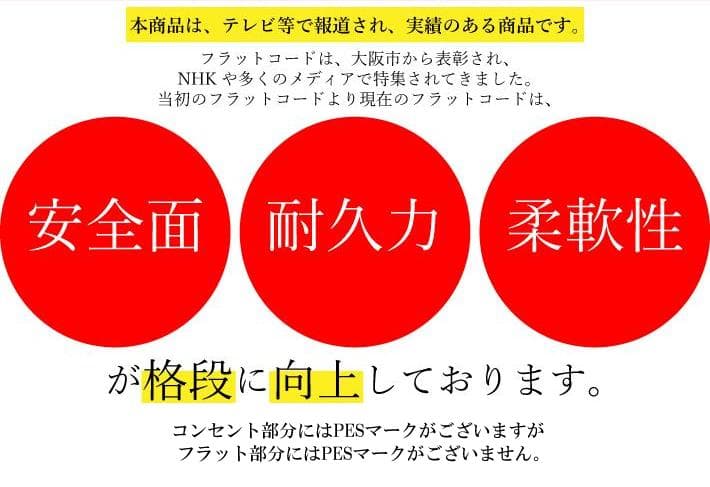 世界で一番薄い0.9mm 電源コード フラットコード 2m 白