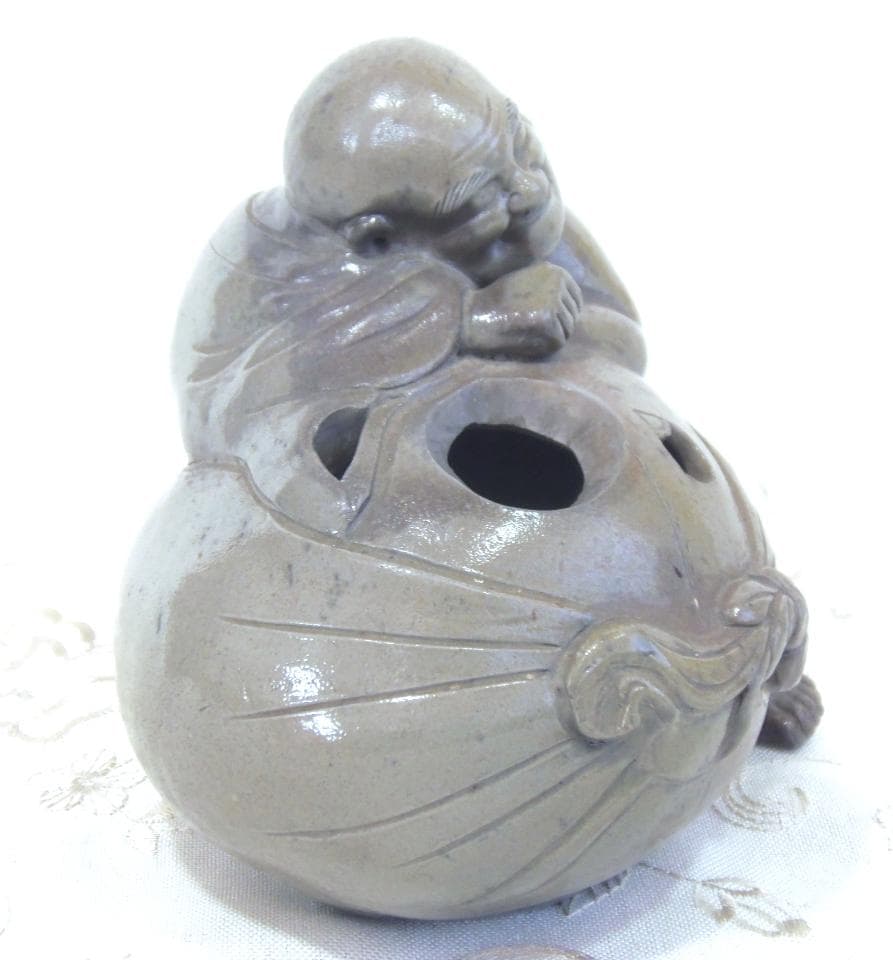 白備前 青備前 香炉 布袋 備前焼 置物 レア古備前・レア備前焼