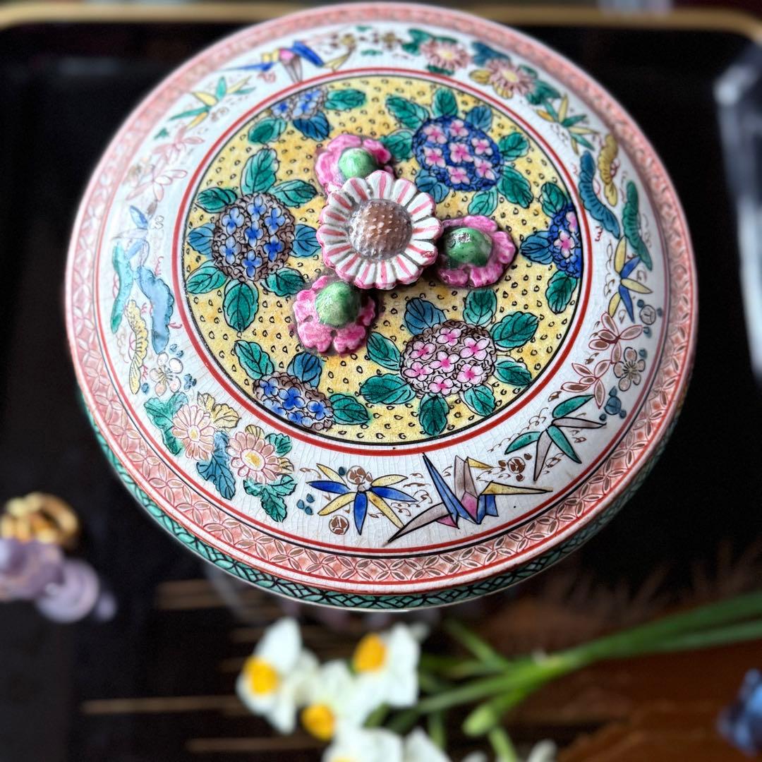 T様へ感謝お嫁入り‼️九谷焼KUTANI あじさい❌鶴❌松　蓋もの食籠作り置き