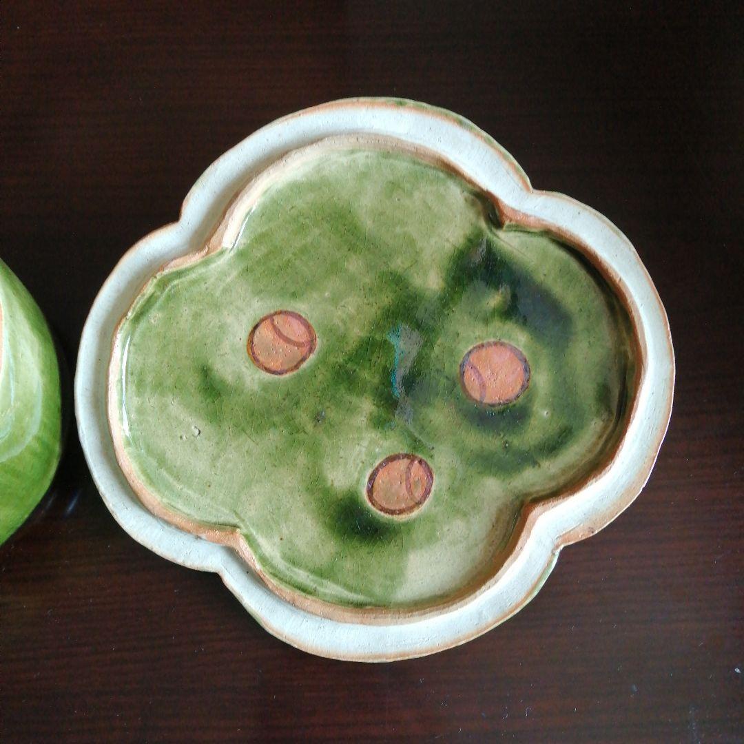 瀬戸焼　加藤作助　織部木売形蓋付菓子鉢　20cm　大正〜昭和初期