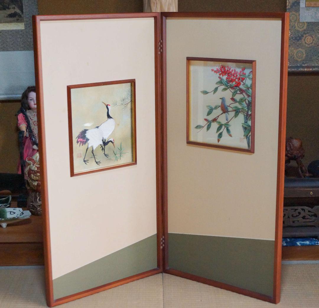茶道具 二曲屏風 貼り絵『丹頂鶴花鳥図』 日本画 絵画 屏風★時代物★