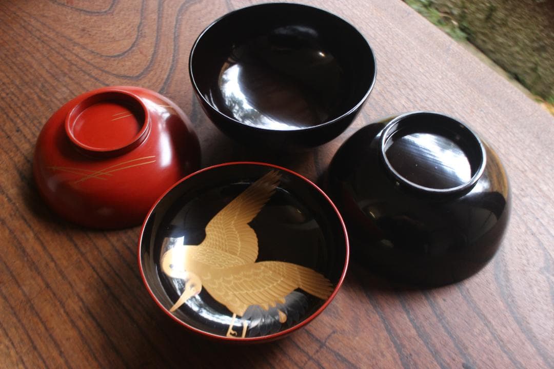 時代逸品！優美な見返し鶴蒔絵の映える日の出椀2点（検輪島塗雑煮椀蒔絵椀