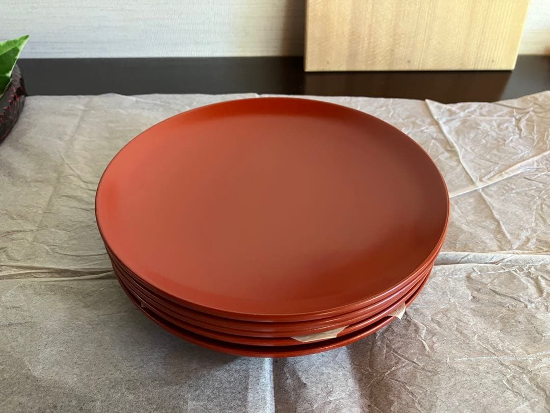 山中塗　山中漆器　香仙工房　ロクロ目　朱　銘々皿　菓子皿　５枚　茶道　茶道具