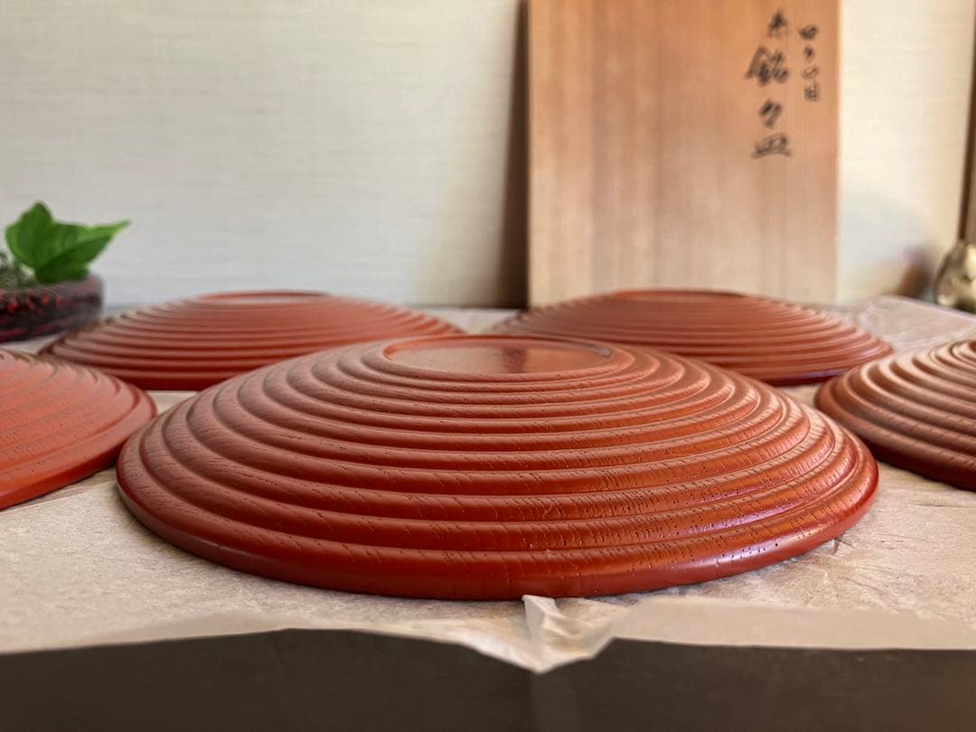 山中塗　山中漆器　香仙工房　ロクロ目　朱　銘々皿　菓子皿　５枚　茶道　茶道具