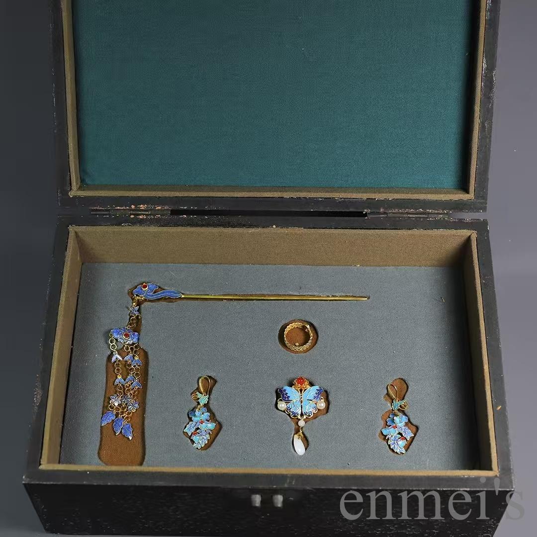 中国古美術 鍍金 純銅製 景泰藍 装身具 首飾一式 簪・耳飾・胸飾・指輪 古賞物