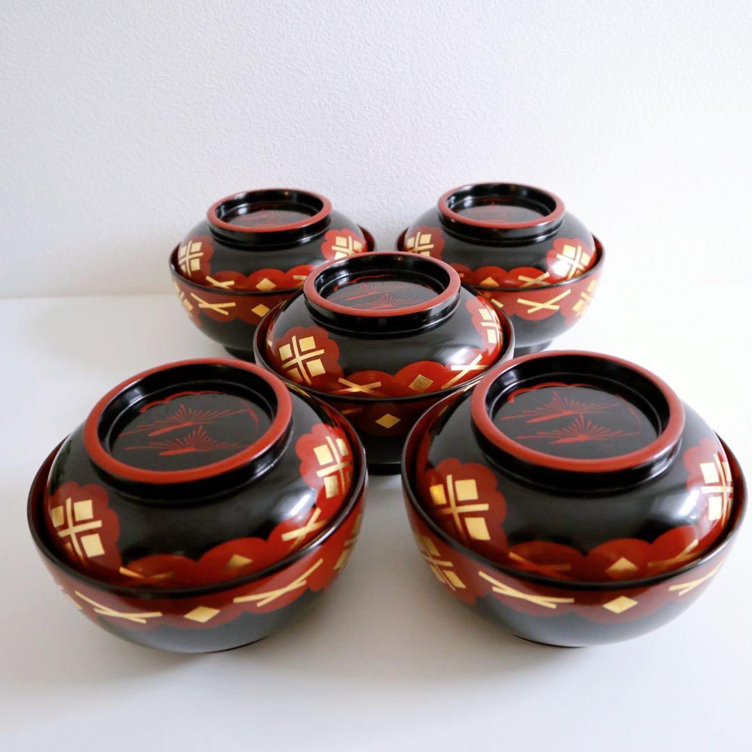 [未使用品] 漆器 蓋付き椀 5個セット