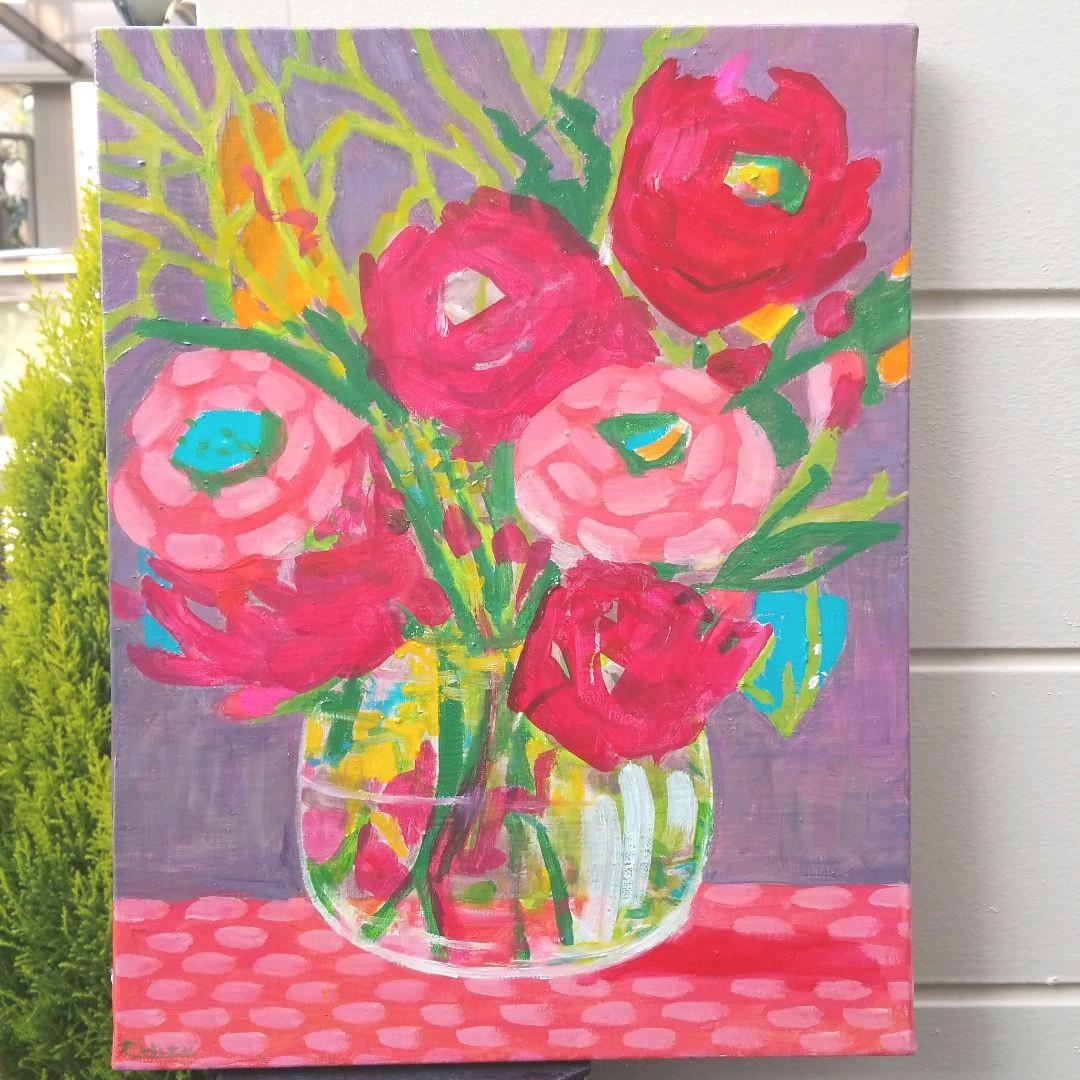 油絵　専用　透明感のある花瓶のお花　抽象画