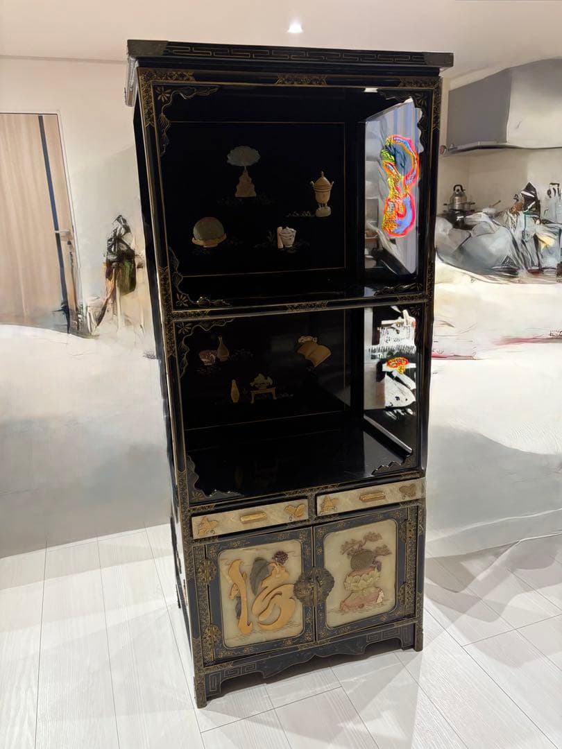 飾り棚 和製ビンテージ 花梨 カリン材 螺鈿 ラデン 象嵌 美しい 茶棚