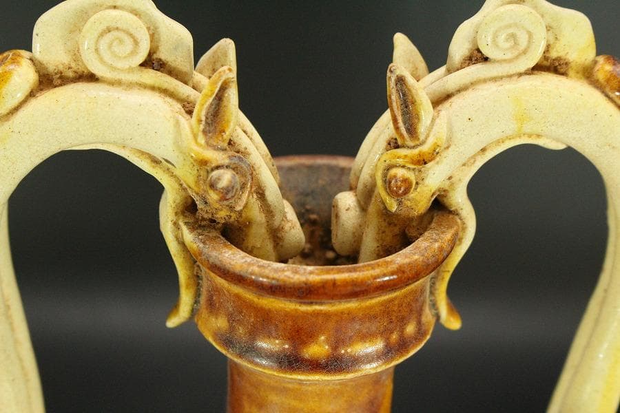 中国美術 唐三彩 双龍耳 鶏頭 瓶 高30cm 希少(LC242)