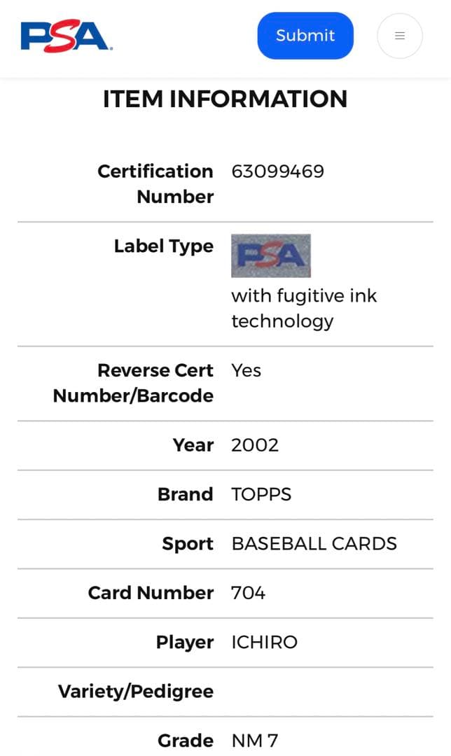 世界で4枚 PSA 7 イチロー Ichiro 2002 TOPPS トレカ