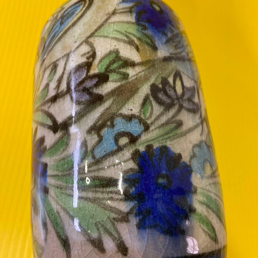 ペルシャ イラン アンティーク 手描き花瓶 青と緑の花模様