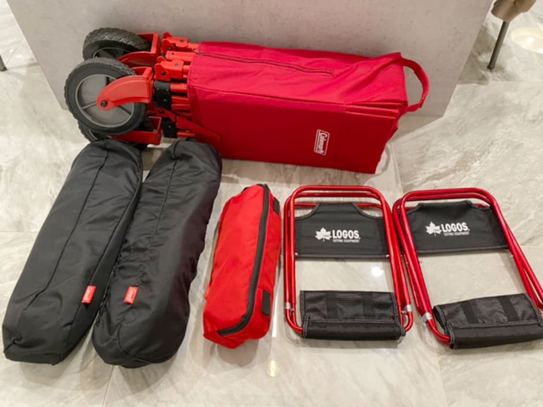 コールマン　ロゴス　チェア　キャンプグッズ　アウトドアワゴン　セット　赤　黒