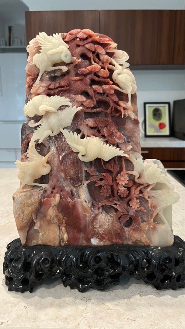 【宝石商保持】赤瑪瑙(アカメノウ) 彫鶴置物　長寿　夫婦円満