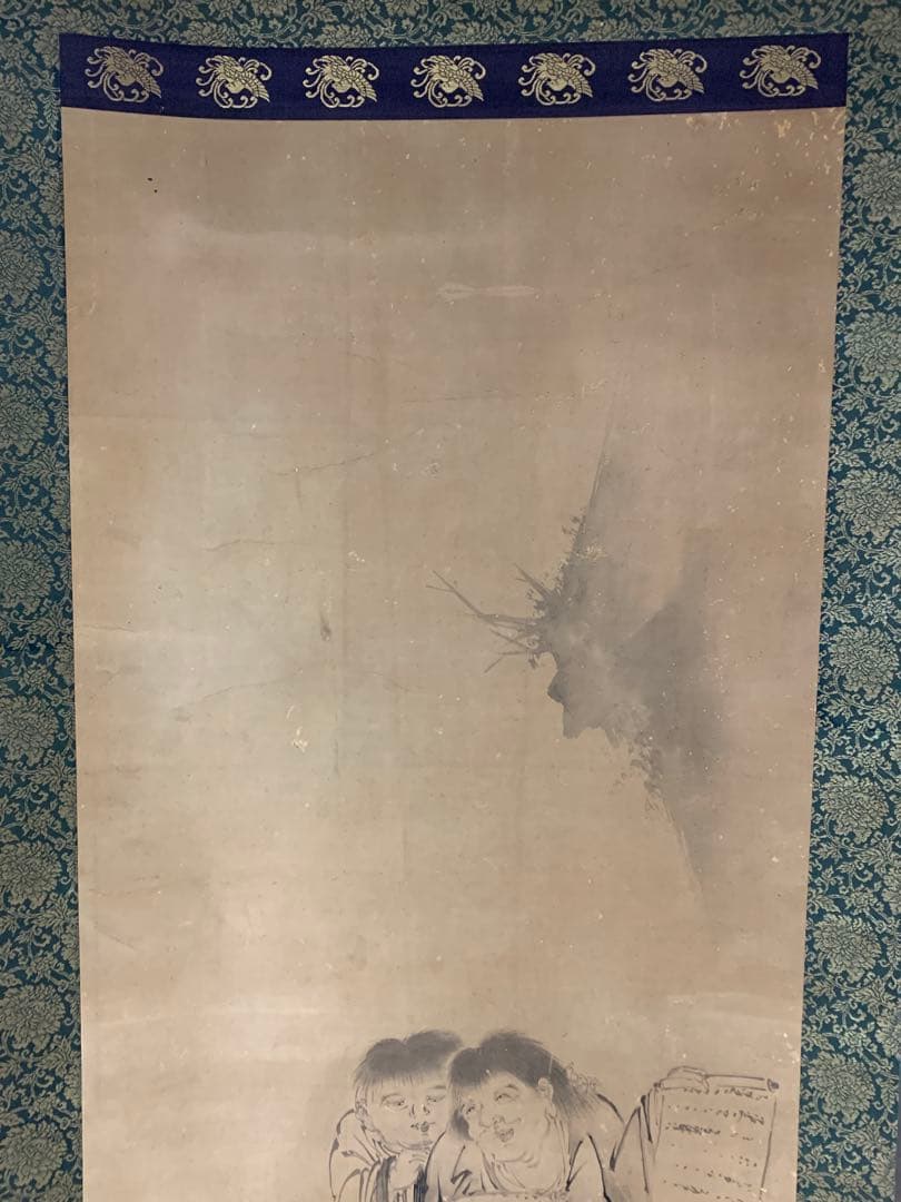 『X5488』時代古画 無落款 寒山拾得図 中国唐代高僧 禅画掛軸