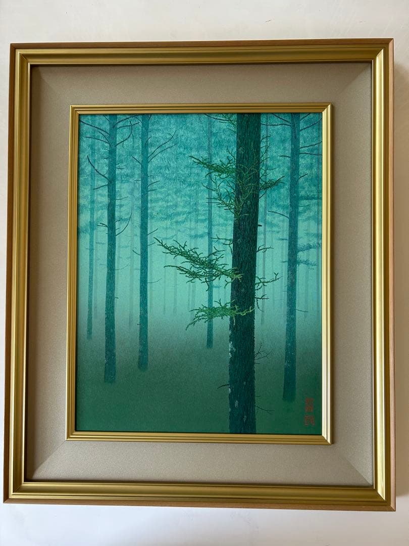 佐々木裕而　「緑雨落葉松林 」　日本画