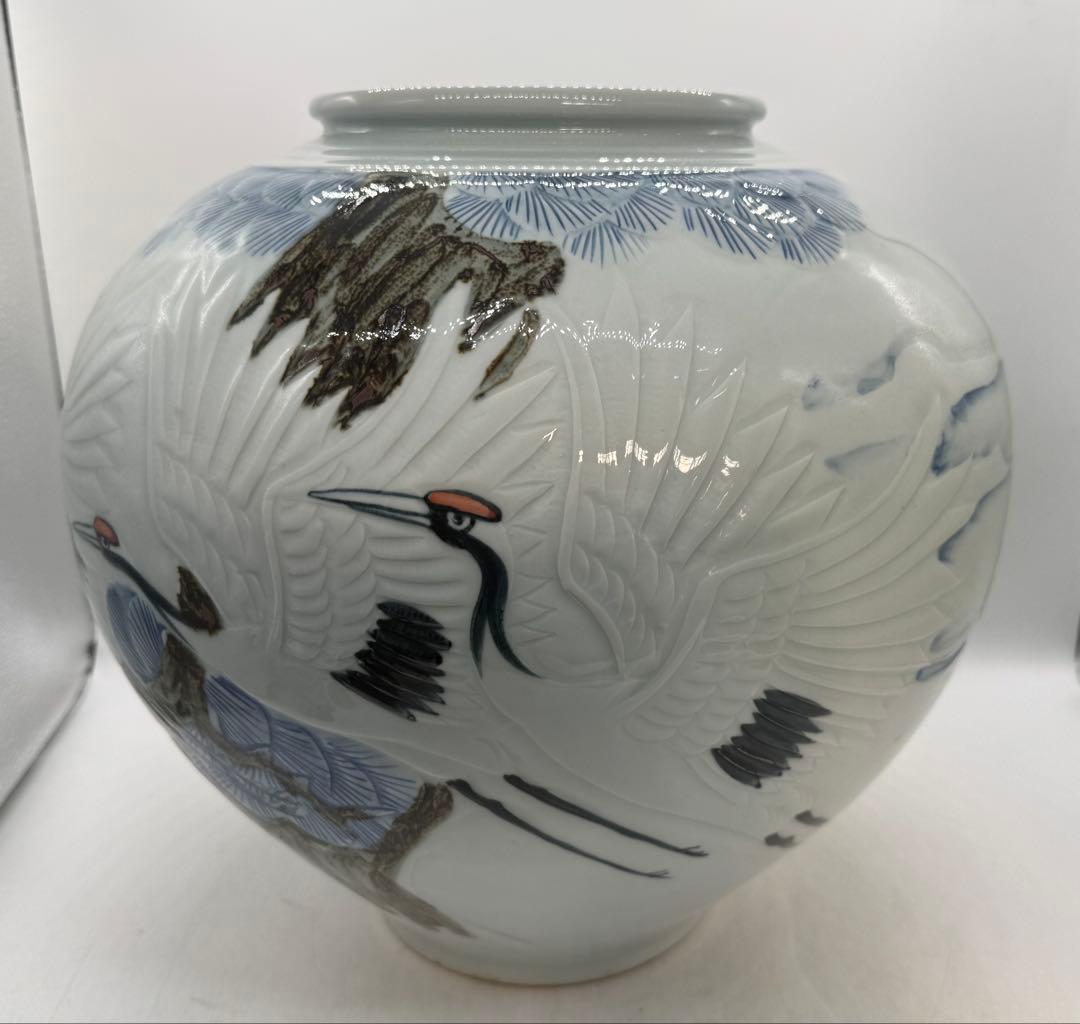 東岩　青華辰砂釉雲鶴紋大壺　浮き彫り模様　送料込み260124