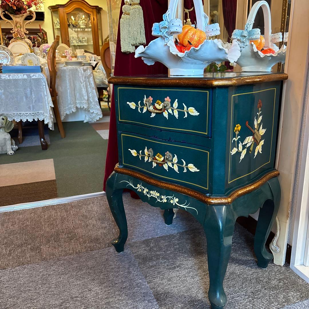 ロココ調チェスト ダークグリーン 2段引き出し　時計付き