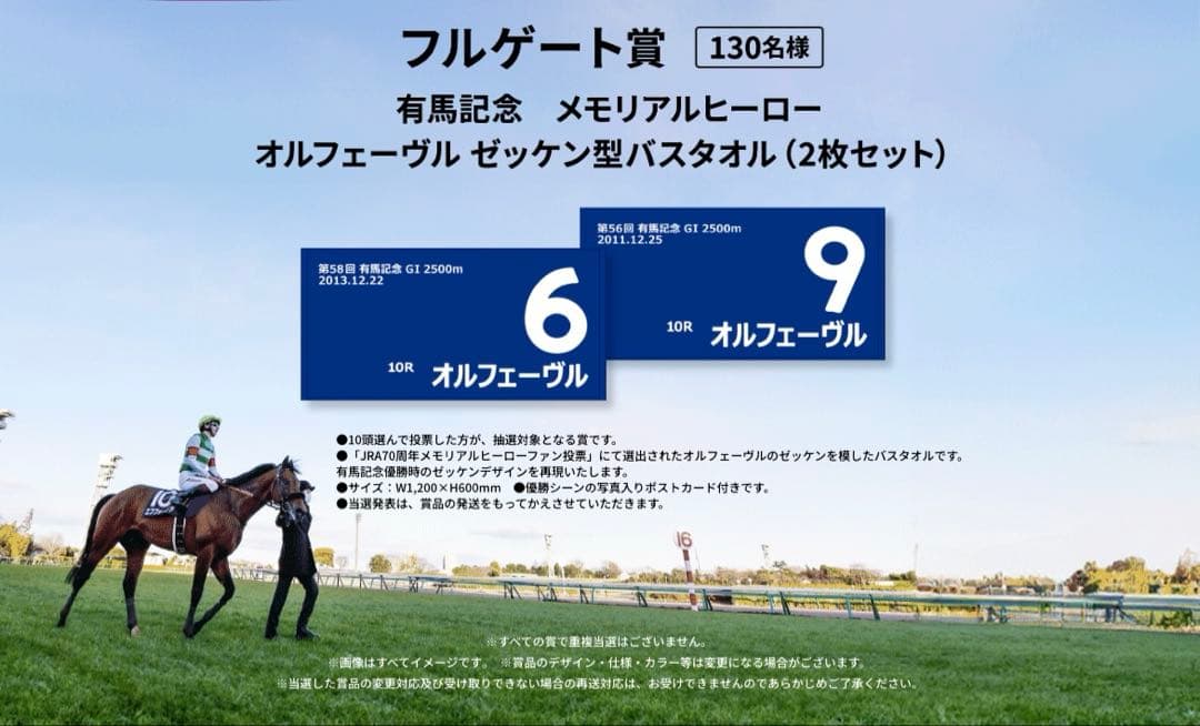 有馬記念ファン投票フルゲート賞　オルフェーブル　ゼッケン型バスタオル2枚セット
