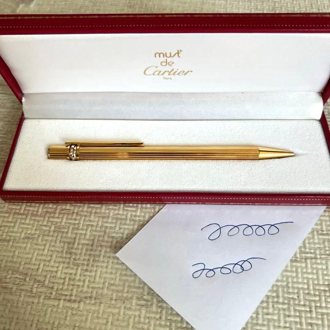 【美品】カルティエ　ボールペン　トリニティ　ゴールド　青インク　ストライプ
