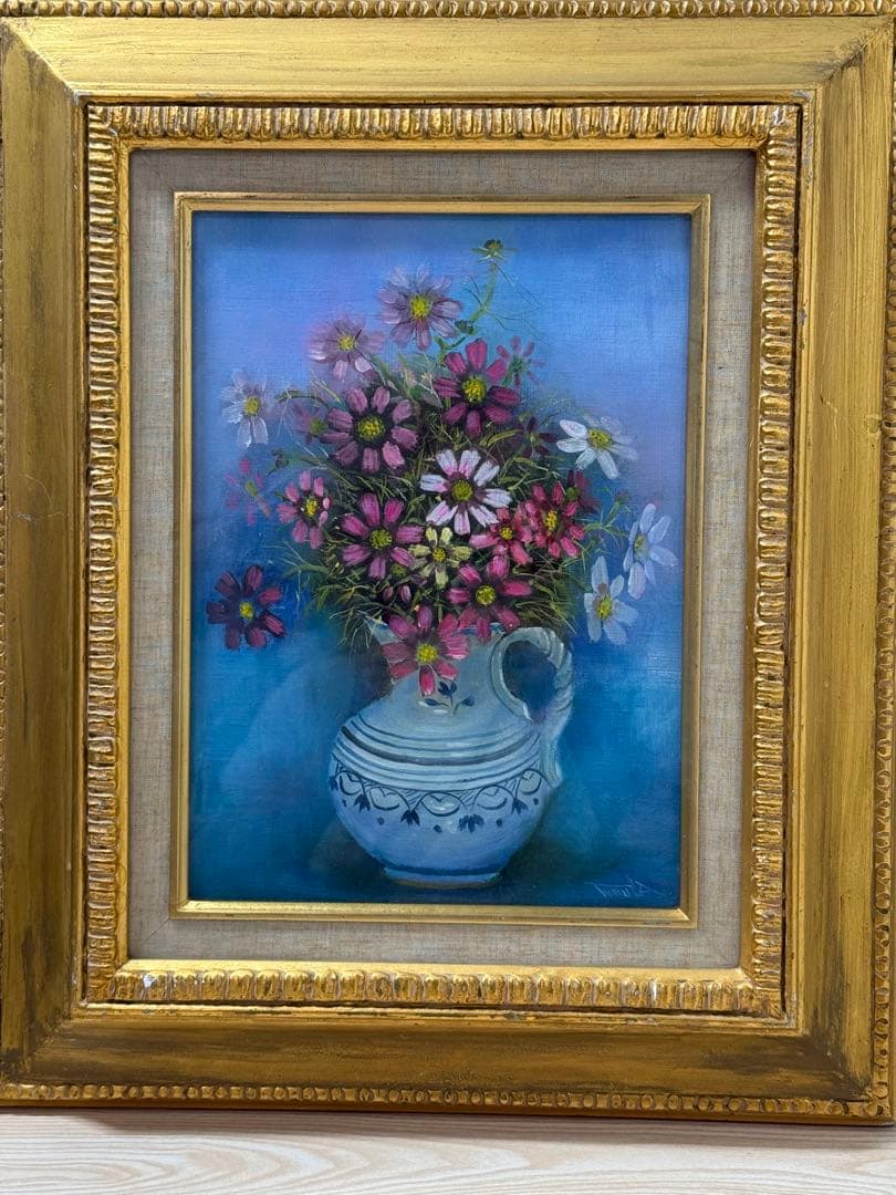 花瓶の花油彩画　コスモス　津村晃三