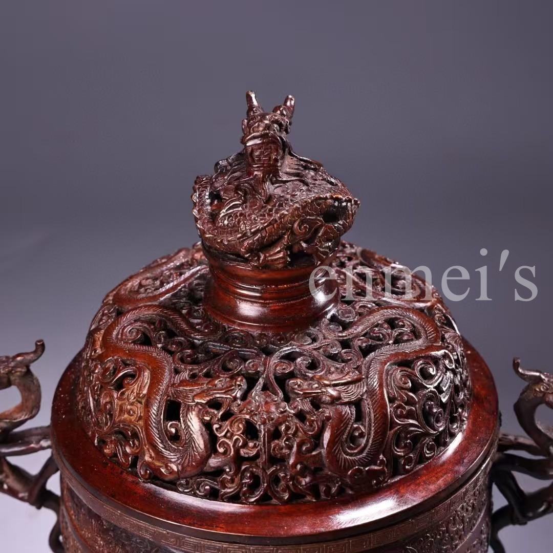 中国古美術・旧蔵純銅熏香炉・純銅製・香炉・鏨刻・高浮彫・置物・茶道具・文房具