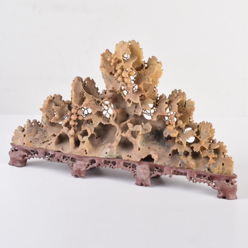 中国　玉石蝋石青田石　楼閣山水雕　床飾　置物　C　6952A