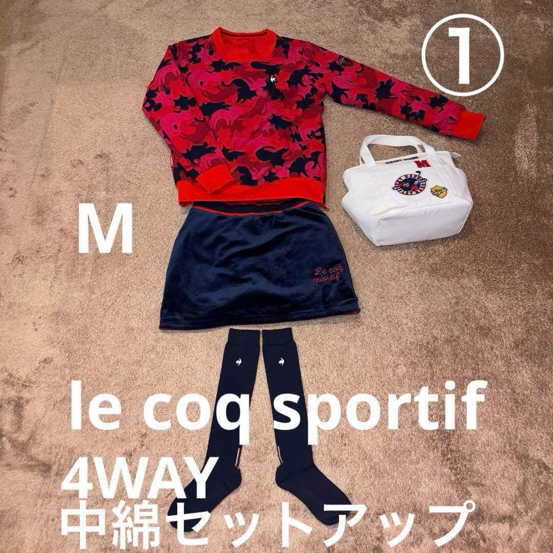 ルコックゴルフ4WAY猫柄/赤中綿スニードと猫柄/紺色中綿スカートセットアップM