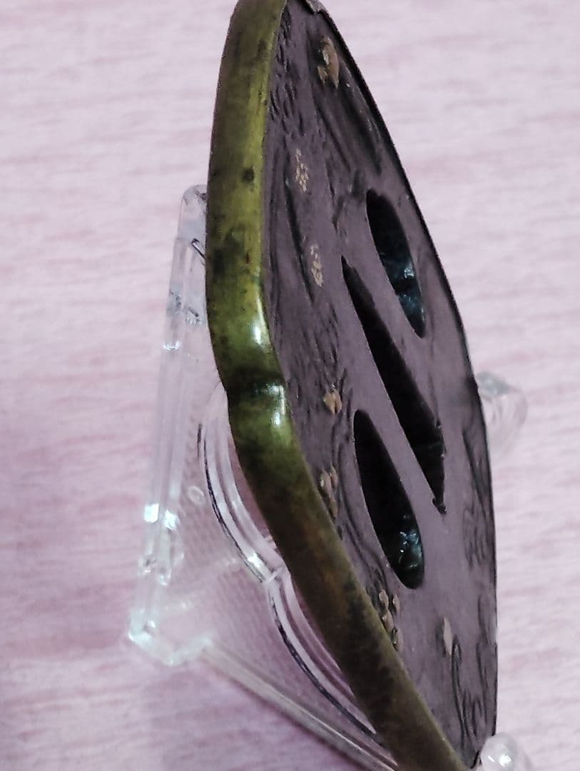 刀装具 鐔 鍔 無銘 鉄地 銅覆輪 金象嵌 色絵 賢人風景図 木瓜形鐔 時代物