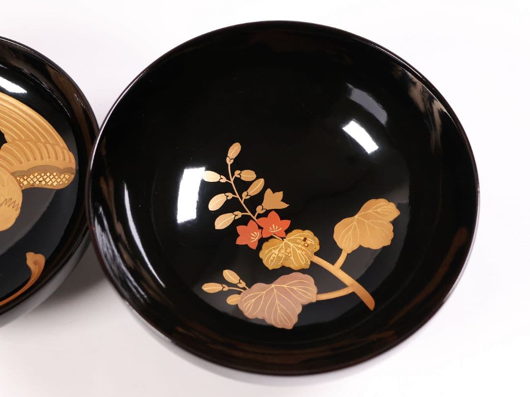 【CM403】天然木漆塗 菊桐鳳凰金蒔絵 黒塗 吸物椀 1客 昭和期 木製漆器