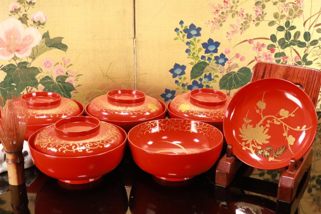 BJ120　時代輪島塗　四君子図蒔絵　吸物椀　五客　木製　茶道具 懐石 会席