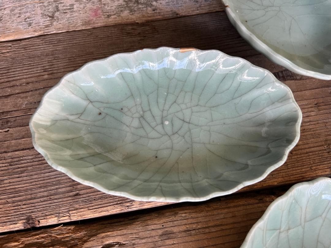 品番　t-0398 青磁葉型長皿　5枚set　古伊万里　アンティーク　古陶磁器