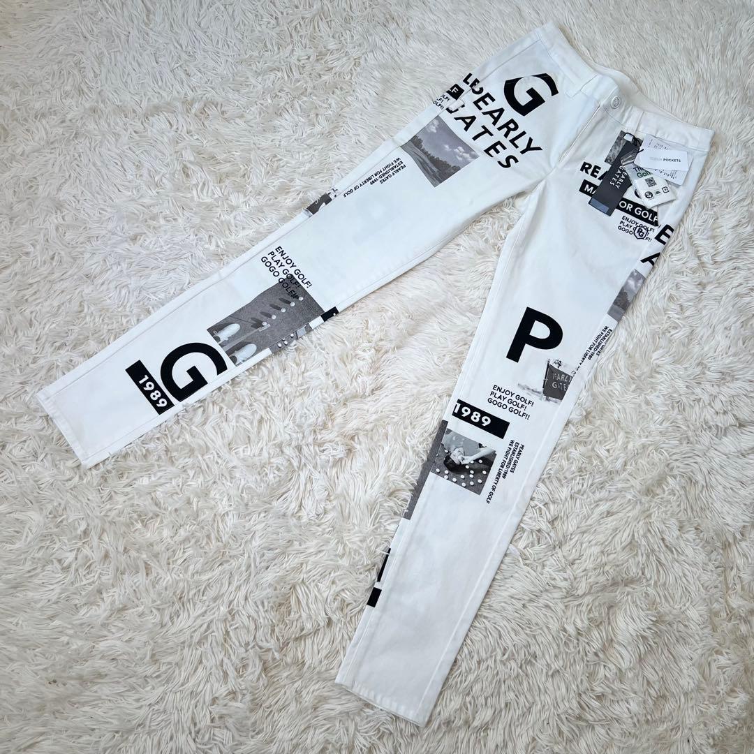 新品 パーリーゲイツ ストレッチ ロングパンツ ゴルフ コラージュ柄 白