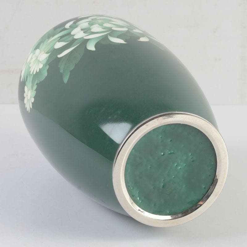 七宝焼　相互七宝謹製　緑釉　花文　花瓶　唐木台付　共箱　V　9837A