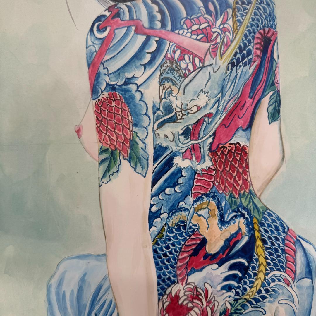 龍泉 リュウセン Ryu sen 『菊と龍』額縁 刺青 水彩画 在銘 艶絵