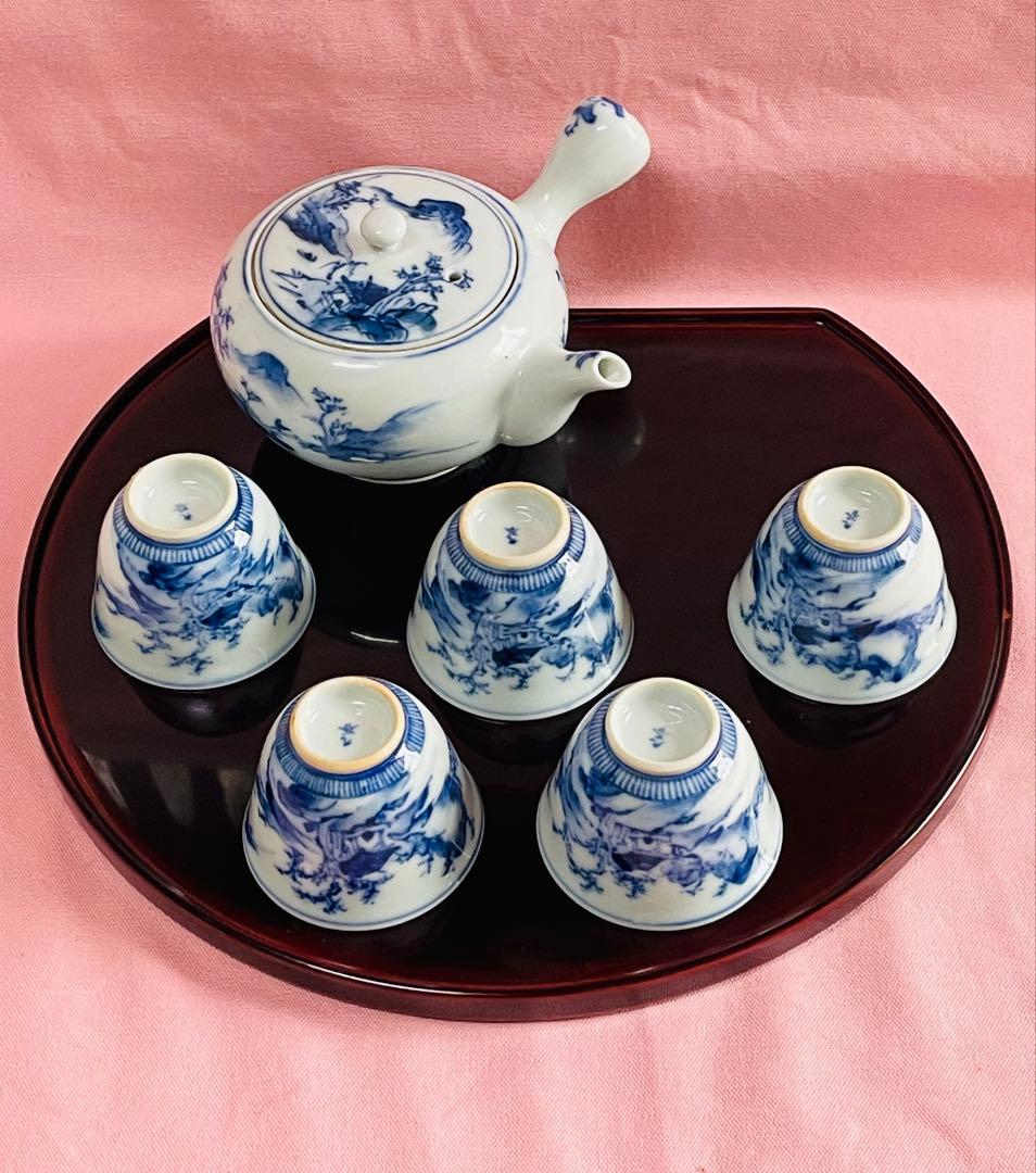 アンティーク九谷焼煎茶器セット＊春慶半月盆付き