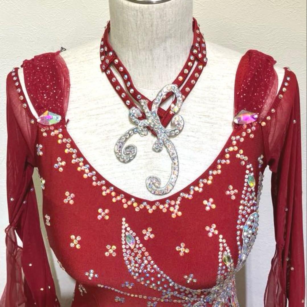 社交ダンス　スタンダードドレス　モダンドレス　赤　スパンコール