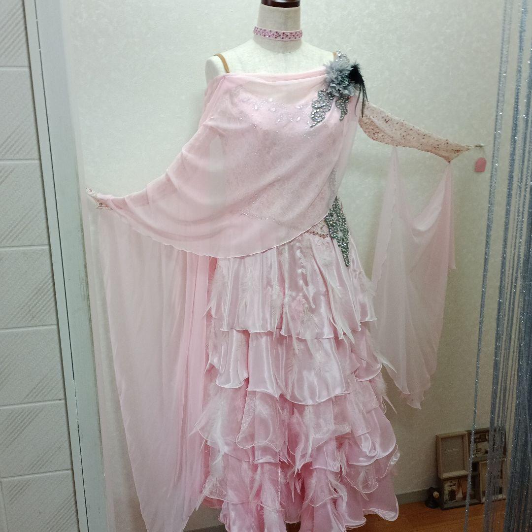 ピンク フリル付き社交ダンスドレス　L サイズ