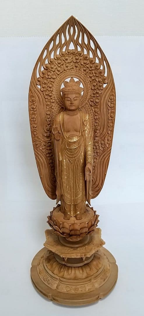 阿弥陀如来立像 6寸#451 舟型来迎雲文光背◆白檀 木彫 仏像