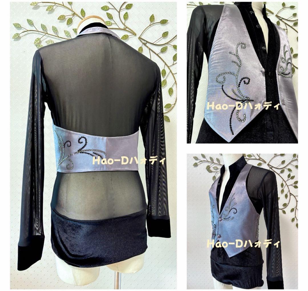 新品★社交ダンス★ラテン★ベスト★シルバーグレー★サテン★ストーンあり★L