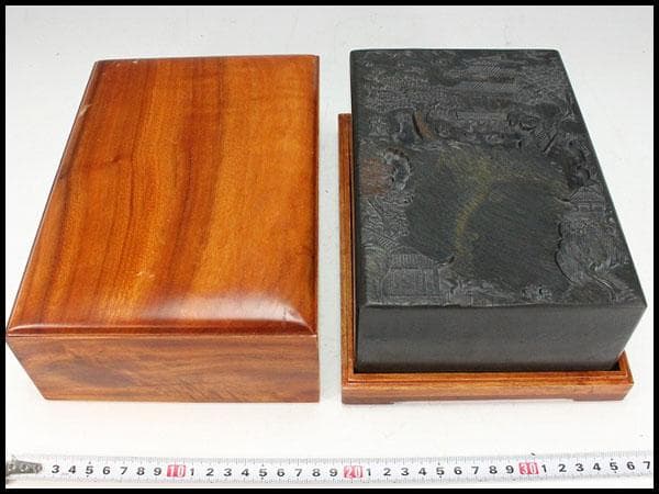 中国美術 文房具 端渓 硯 刻 庭園 箱付(K-LC730)