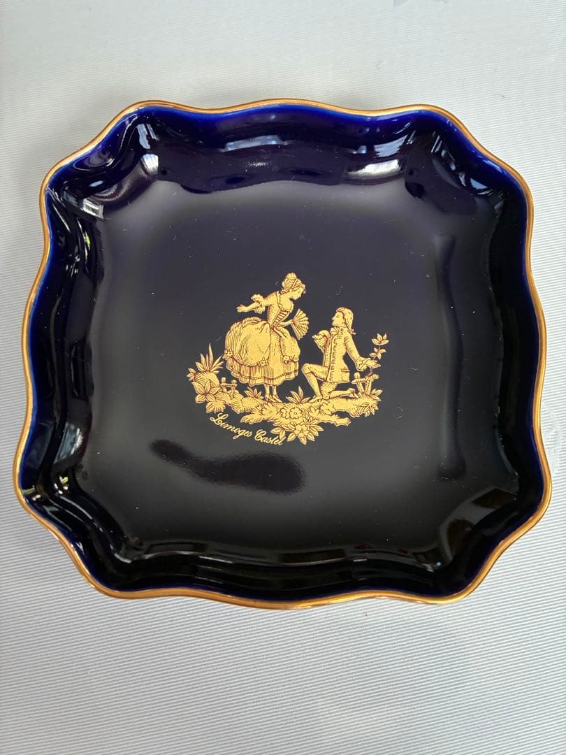 Limoges Castel 濃紺皿と和光の青いガラス皿セット銀のバターナイフ付