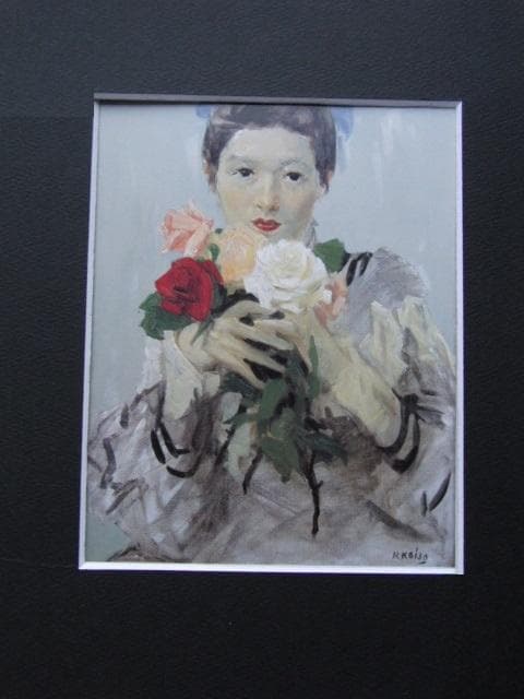 小磯良平、【婦人】、希少な大判額装用画集より、美品、新品額装付