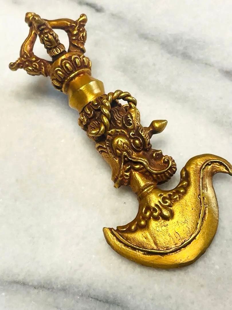 チベット密教　新品 カルタリ刀 10センチ 金メッキ　龍　金剛杵 683