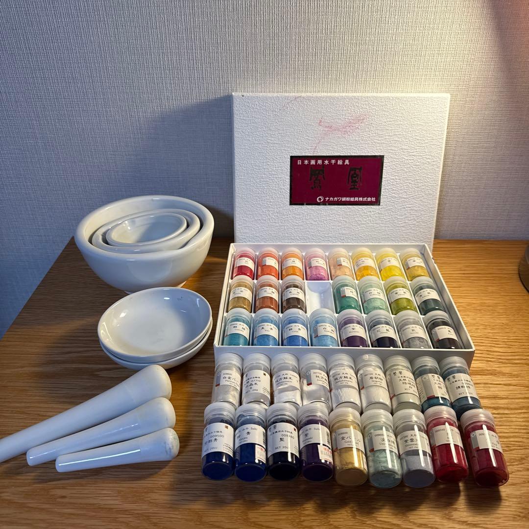 まとめ売り　ナカガワ胡粉　日本画用水干絵具セット 23色＋18色　乳鉢　乳棒　皿