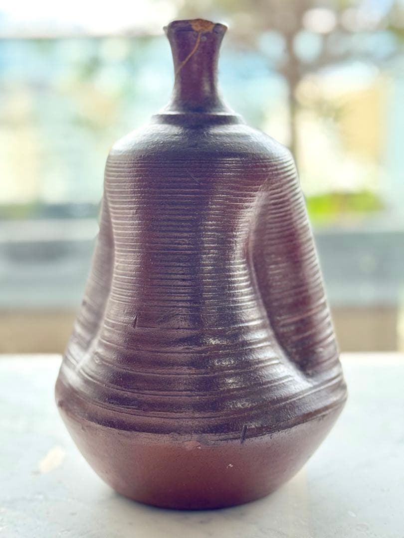 【江戸時代 備前焼 焼締 臍徳利型保存壺 金直しあり 古陶 民藝】