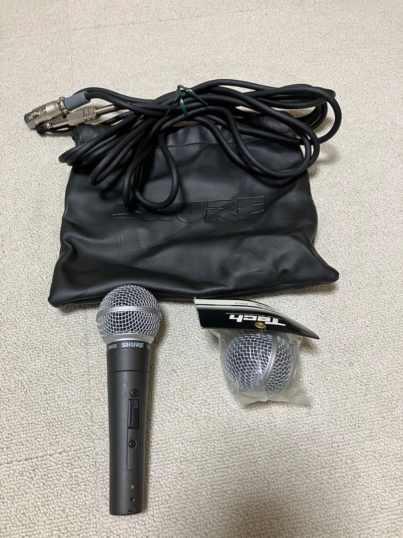 SHURE SM58 ダイナミックマイク ケース、ケーブル、未使用マイクグリル付